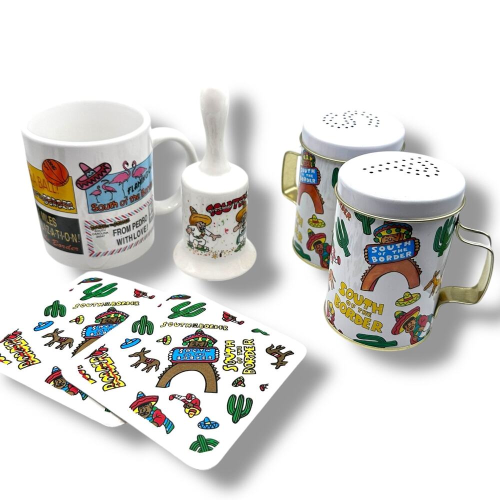 Vintage South of the Border souvenir lot bell mug coaster salt shakers